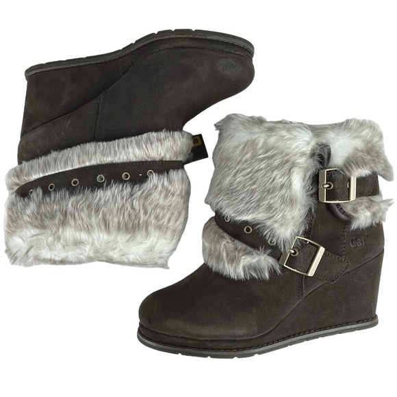 CATERPILLAR CAT BOISTEROUS FAUX FUR CAFE BROWN SUEDE WEDGE WINTER BOOTIES BOOTS - Picture 5 of 13